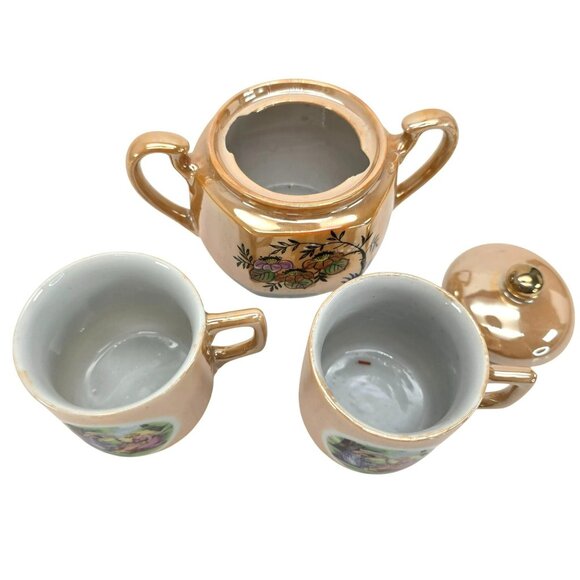 Vintage Japanese Lusterware Tea Set With Floral & Laurel Leaf Farm Scene JE111 - Picture 6 of 13